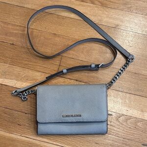 Michael Kors Saffiano Chain Crossbody Wallet in Pearl Gray